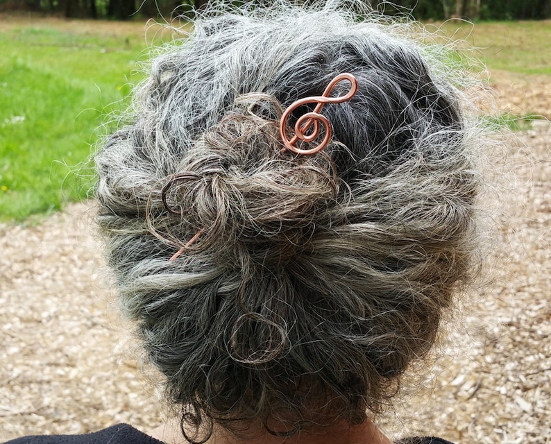 Treble Clef Copper Hair Stick, Music Gift Shawl Pin, Scarf Pin, Bun Holder, Hair Pin, Music Jewelry, Women, Knitter Musician Gift image 2