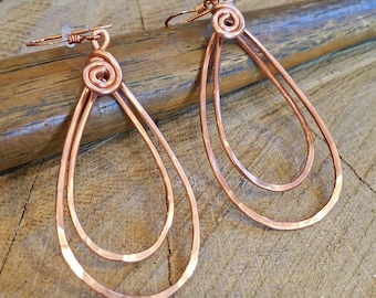 Long Copper Double Teardrop Hoop Earrings, Copper Earrings, Long Teardrop Earrings Gift for Women