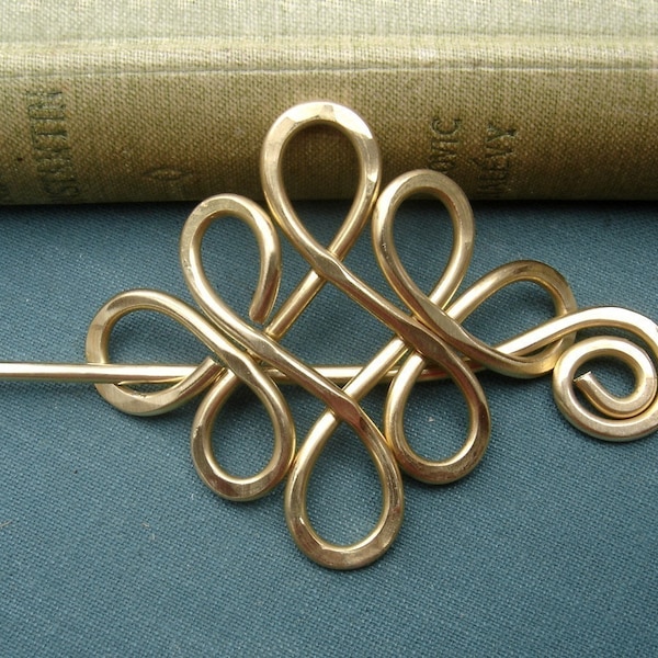 Brass Celtic Shawl Pin, Looping Crossed Knots Scarf Pin, Sweater Clip Brooch, Hair Pin, Gifts for Knitters Knitting Accessories, Women