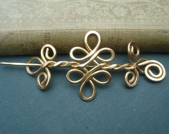 Celtic Knot Hair Barrette, Double Swirls and Curls Brass Shawl Pin, Hair Pin, Scarf Pin, Long Hair Slide With Stick, Knitting Gift for Women