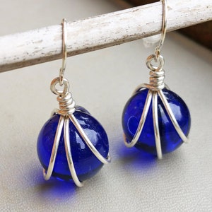 Cobalt Blue Glass Marble Earrings, Sterling Silver Wire Wrapped Jewelry, Gift for Her, Marble Jewelry, Gift for Mom
