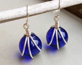 Cobalt Blue Glass Marble Earrings, Sterling Silver Wire Wrapped Jewelry, Gift for Her, Marble Jewelry, Gift for Mom