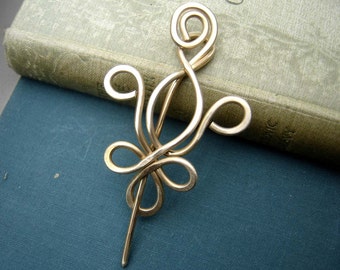 Fleur De Lis Brass Shawl Pin, Scarf Pin, Sweater Clip, Brooch, Fastener, Closure - Hammered Wire Jewelry, Women Knitting Accessories