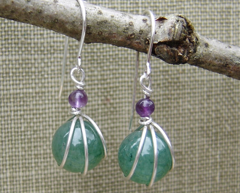 Green Aventurine Stone and Amethyst Sterling Silver Earrings Wire Wrap Stone Jewelry, Stone Earrings, Green Earrings Gift for Women image 1