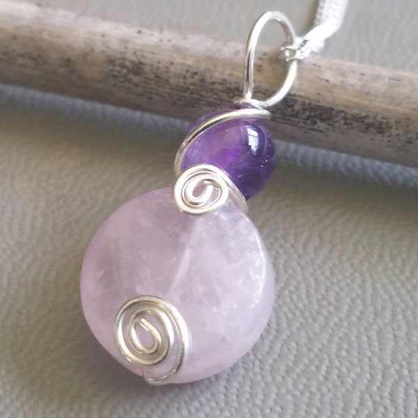 Small Rose Quartz Pendant With Amethyst, Little Rose Quartz Necklace, Sterling Silver Stone Pendant,  Wire Wrapped Stone Necklace