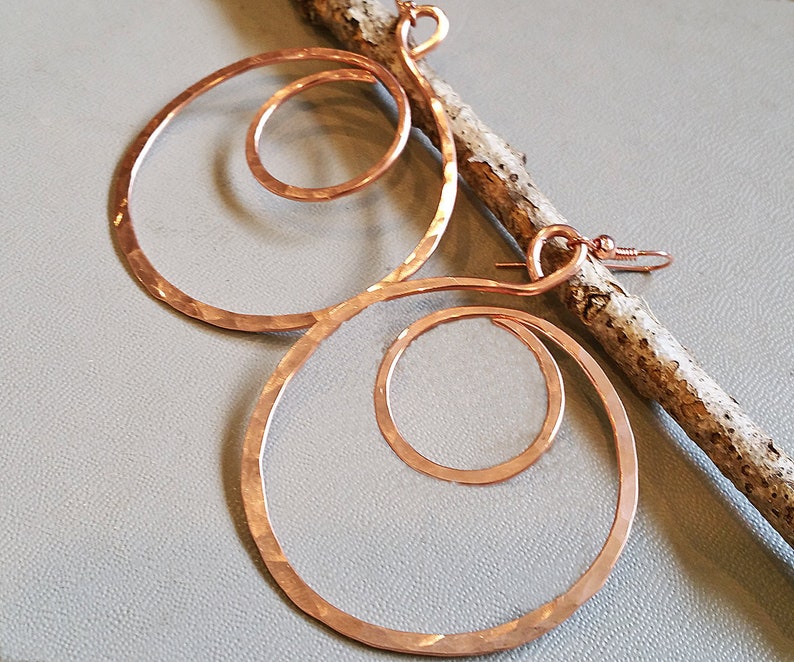 Big Copper Hoop Swirl Earrings, Bohemian Hammered Hoop Earrings, Copper Jewelry, Copper Earrings, Teen Girl Gift for Her, Women image 1