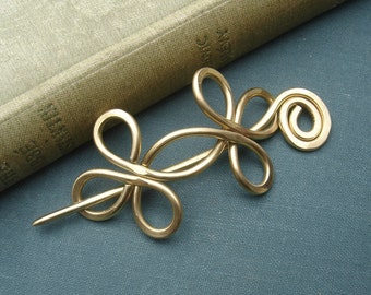 Celtic Double Crossed Loops Brass Shawl Pin, Hair Pin, Scarf Pin, Hair Slide, Fastener, Sweater Clip Closure Jewelry, Knitting Accessories