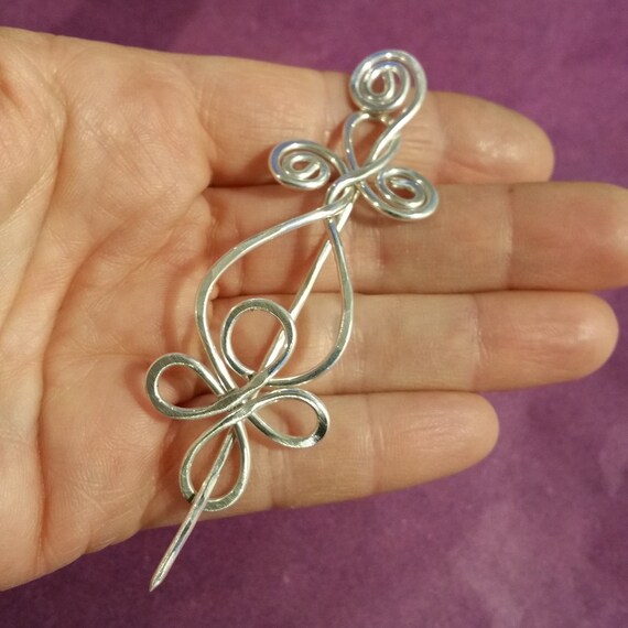 Loops and Spirals Celtic Shawl Pin, Aluminum Scarf Pin, Metal Hair Pin,  Light Weight Celtic Accessories Sweater Closure Brooch Knitters Gift 