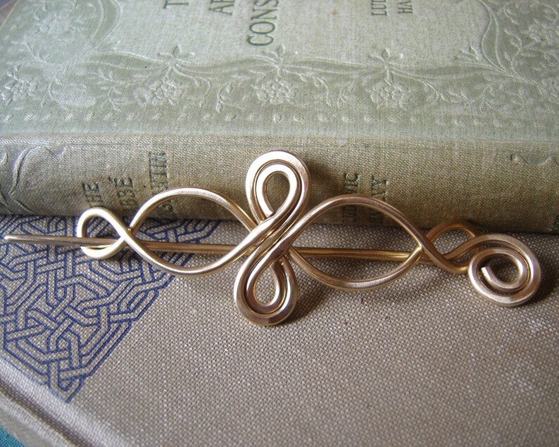 Celtic Infinity Loops Brass Shawl Pin, Celtic Scarf Pin, Sweater Fastener Brooch, Barrette With Stick, Celtic Knot Hair Slide image 4