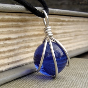 Cobalt Blue Glass Marble Necklace Wire Wrapped Sterling Silver Necklace, Sapphire Blue Marble Jewelry, Caged Pendant, Royal Blue