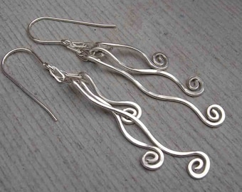 Tangle Dangle Swinging Vines Long Silver Earrings, Mother's Day Sterling Silver Dangle Earrings, Fringe Jewelry, Women, Silver Wire Earrings