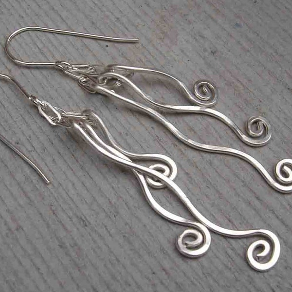 Tangle Dangle Swinging Vines Long Silver Earrings, Mother's Day Sterling Silver Dangle Earrings, Fringe Jewelry, Women, Silver Wire Earrings
