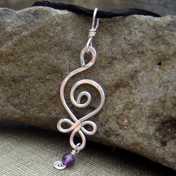 Celtic Budding Spiral Necklace With Amethyst, Sterling Silver Wire Gift for Her