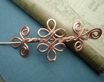 Celtic Knot Double Swirls and Curls Copper Shawl Pin, Hair Pin, Hair Slide, Sweater Closure, Hair Barrette, Hair Clip, Hair Accessory, Women