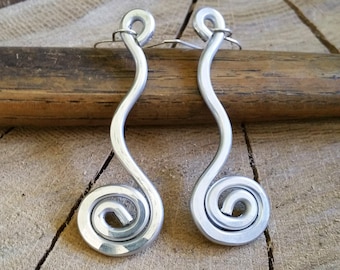 Swinging Spiral Long Earrings, Light Weight Aluminum Jewelry, Hammered Metal Dangle Earrings, Statement Earrings, Boho Earrings Gift for Her