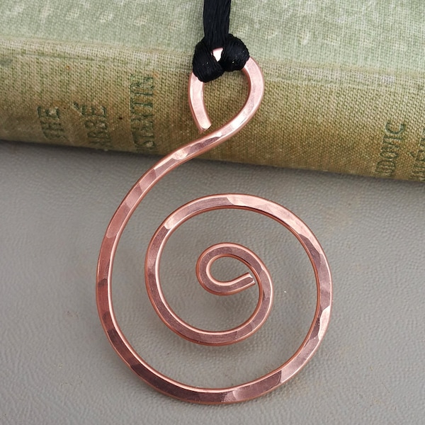 Big Spiral Copper Pendant, Large  Hammered Copper Necklace,  Gift for Women, Metal Statement Spiral Necklace