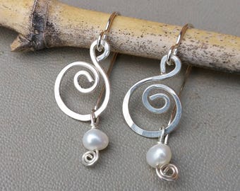 Little Swirl Fresh Water Pearl Earrings, Dangle Earrings, Sterling Silver Earrings, Pearl Jewely, Women, Bridal Jewelry, Gift for Her