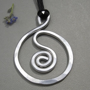 Spiral in a Circle Big Aluminum Pendant Necklace, Large Statement Necklace, Aluminum Jewelry, Hammered Metal Handforged Wire Necklace