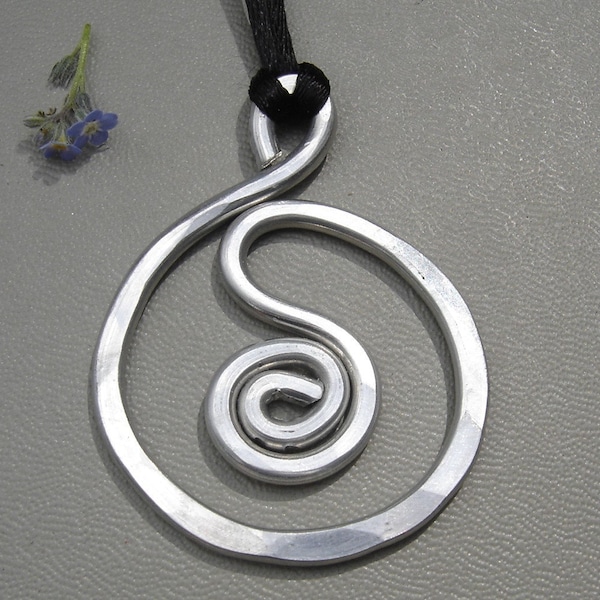 Spiral in a Circle Big Pendant Necklace, Large Statement Necklace, Aluminum Jewelry, Industrial Metal Handforged Wire Necklace, Urban Modern