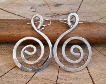 Big Spiral Earrings, Large Swirl Dangle Earrings, Light Weight Aluminum Statement Jewelry, Large Hammered Metal Wire Earrings