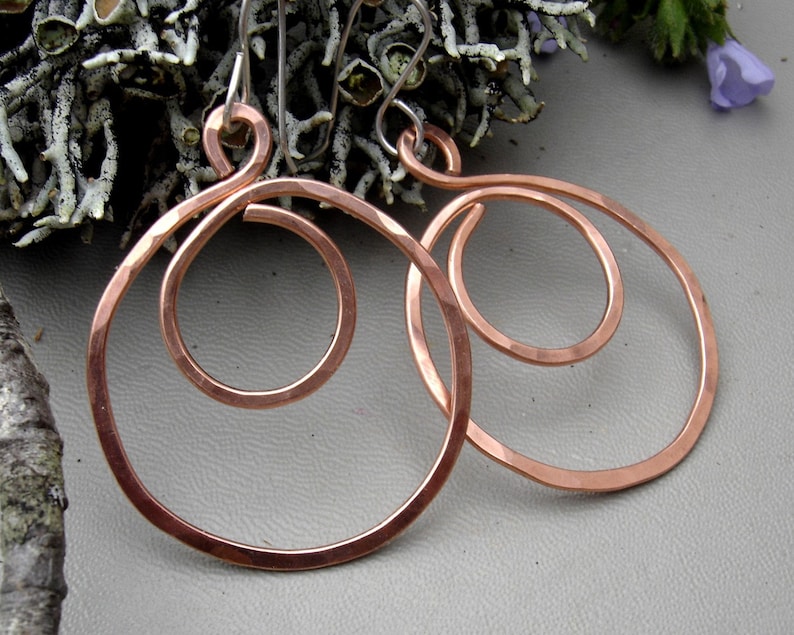 Big Copper Hoop Swirl Earrings, Bohemian Hammered Hoop Earrings, Copper Jewelry, Copper Earrings, Teen Girl Gift for Her, Women image 4