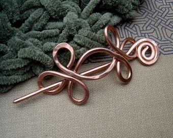 Copper Celtic Shawl Pin, Double Crossed Loops Hair Pin, Scarf Pin, Sweater Clips Knitting Jewelry, Hair Slide, Barrette With Stick, Women