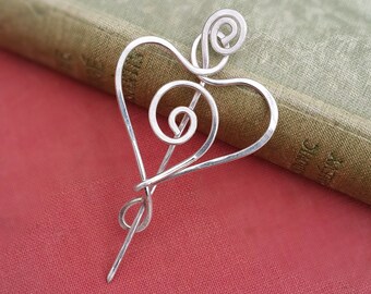 Little Spiral Heart Sterling Silver Shawl Pin Knitter Gift Scarf Pin, Silver Heart Pin Sweater Brooch, Fastener Wrap Closure, Crochet,