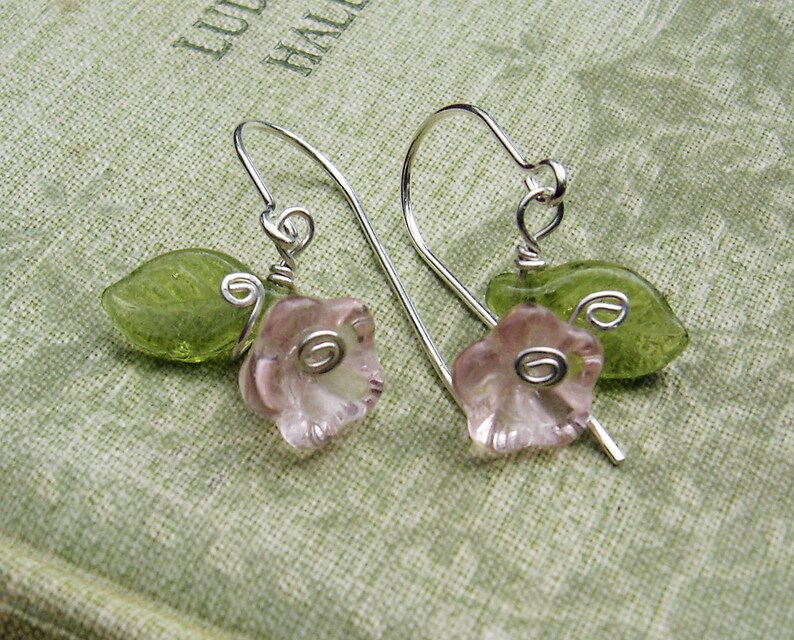 Little Pink Glass Flower Earrings Sterling Silver Wire and Etsy