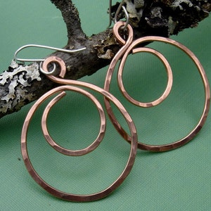 Big Copper Hoop Swirl Earrings, Bohemian Hammered Hoop Earrings, Copper Jewelry, Copper Earrings, Teen Girl Gift for Her, Women image 2