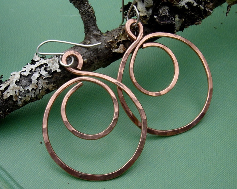 Big Copper Hoop Swirl Earrings, Bohemian Hammered Hoop Earrings, Copper Jewelry, Copper Earrings, Teen Girl Gift for Her, Women image 2