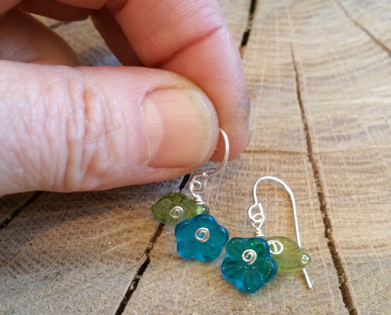 Teal Glass Flower Earrings, Dangle Earrings, Sterling Silver Wire Wrapped Czech Glass, Little Girls Small Earrings, Women, Stocking Stuffer image 2