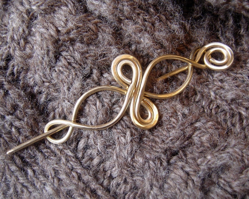 Celtic Infinity Loops Brass Shawl Pin, Celtic Scarf Pin, Sweater Fastener Brooch, Barrette With Stick, Celtic Knot Hair Slide image 1