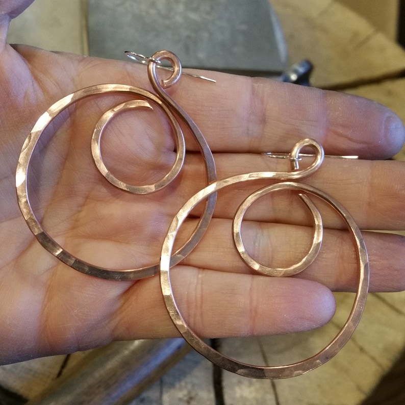 Big Copper Hoop Swirl Earrings, Bohemian Hammered Hoop Earrings, Copper Jewelry, Copper Earrings, Teen Girl Gift for Her, Women image 6