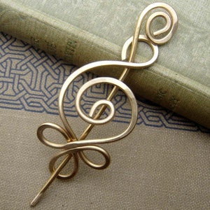 Celtic Budding Spiral Brass Shawl Pin, Scarf Pin, Wrap Fastener, Metal Hair Pin, Women, Sweater Closure Hair Barrette, Knitter Gift image 1