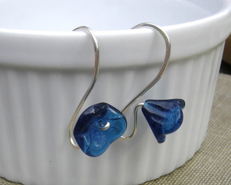 Blue Glass Flower Earrings Long Stem Aqua Teal Earrings Gift Etsy