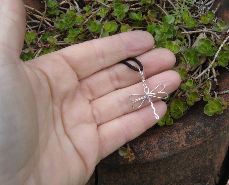 Dragonfly Pendant With Amethyst Stone Bead Sterling Silver Wire, Dragonfly Necklace, Dragonfly Jewelry Gift for Her, Girls Jewelry, Women image 3