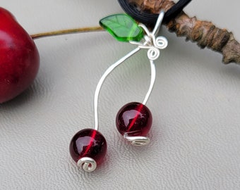 Cherry Pendant- Sterling Silver Wire Cherry Necklace, Red Glass Beads Cherries, Cherry Jewelry, Fruit Necklace Gift for Her Women