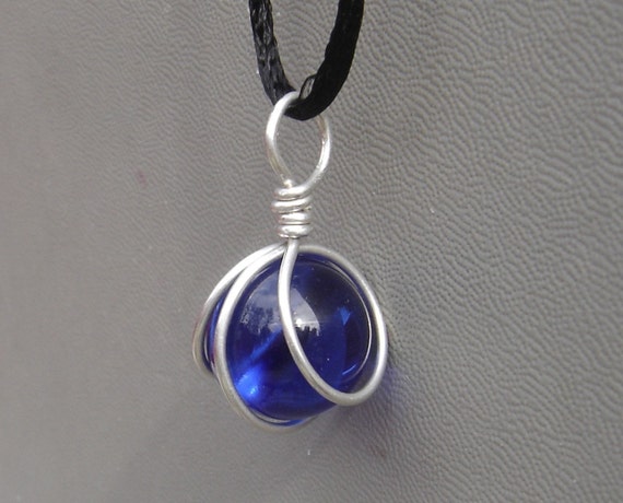 Cobalt Blue Glass Marble Necklace Wire Wrapped Sterling Silver