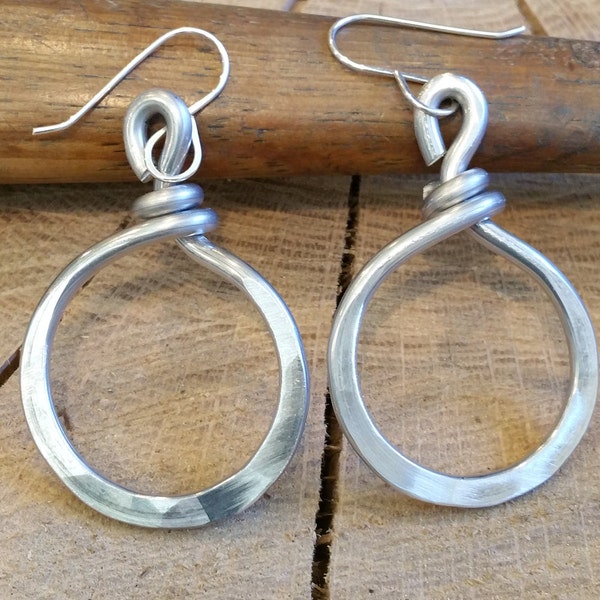 Simple Loop Hoop Earrings, Hand Forged Light Weight Aluminum Jewelry, Simple Hammered Hoops, Women, Modern Urban Jewelry Gift for Her