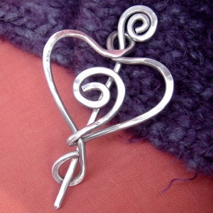 Spiral Heart Shawl Pin, Heart Pin, Heart Brooch for Sweater, Crochet Scarf Pin, Wrap Fastener,  Knitter Gift for Women Aluminum