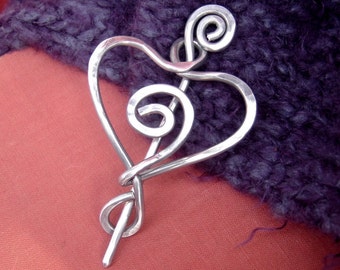 Spiral Heart Shawl Pin, Heart Pin, Heart Brooch for Sweater, Crochet Scarf Pin, Wrap Fastener,  Knitter Gift for Women Aluminum