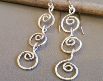 Three Little Swirls Long Dangle Earrings, Gift for Her Long Silver Earrings for Women, Sterling Silver Chain Earrings for Mom, Boho Earrings