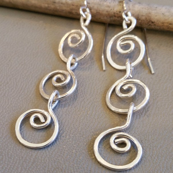 Three Little Swirls Long Dangle Earrings, Gift for Her Long Silver Earrings for Women, Sterling Silver Chain Earrings for Mom, Boho Earrings