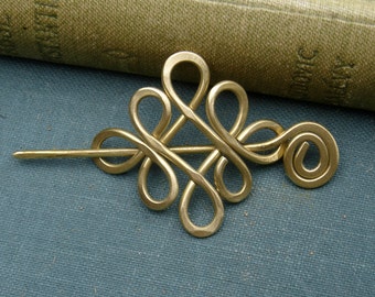 Little Looping Celtic Crossed Knots Brass Shawl Pin, Sweater Brooch, Celtic Knot Jewelry Lace Shawl Pin, Knitters Gift