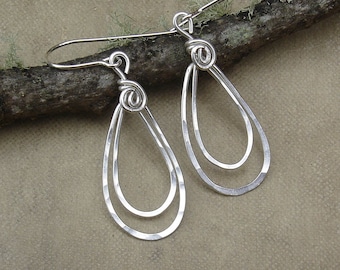Hammered Sterling Silver Double Teardrop Dangle Earrings, Small