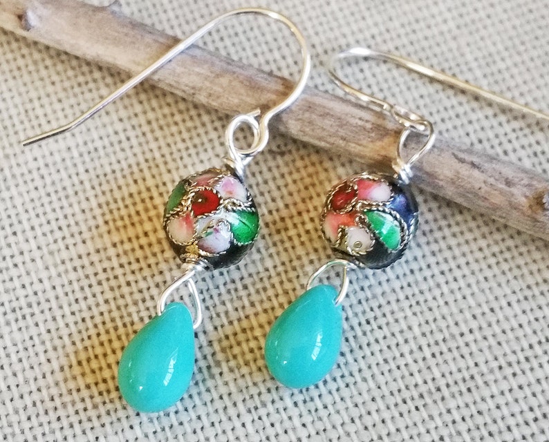 Black Cloisonne Beads and Turquoise Glass Dangle and Drop Etsy