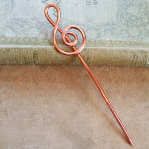 Treble Clef Copper Hair Stick, Music Gift Shawl Pin, Scarf Pin, Bun Holder, Hair Pin, Music Jewelry, Women, Knitter Musician Gift image 3