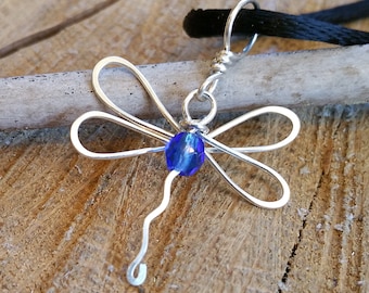 Dragonfly Necklace With Blue Sapphire Glass Bead, September Birthstone Gift for Her Sterling Silver Wire Pendant, Dragonfly Jewelry, Women