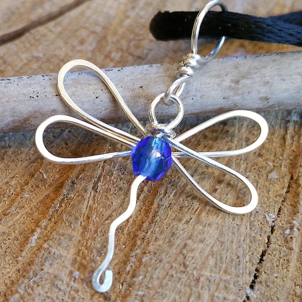 Dragonfly Necklace With Blue Sapphire Glass Bead, September Birthstone Gift for Her Sterling Silver Wire Pendant, Dragonfly Jewelry, Women