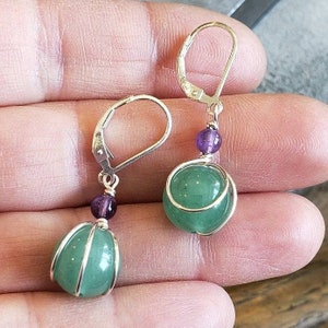 Green Aventurine Stone and Amethyst Sterling Silver Earrings Wire Wrap Stone Jewelry, Stone Earrings, Green Earrings Gift for Women image 7